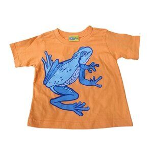 Vintage Plaid Fish Kids Orange T-Shirt With Blue Frog Graphic Design Short Sleev